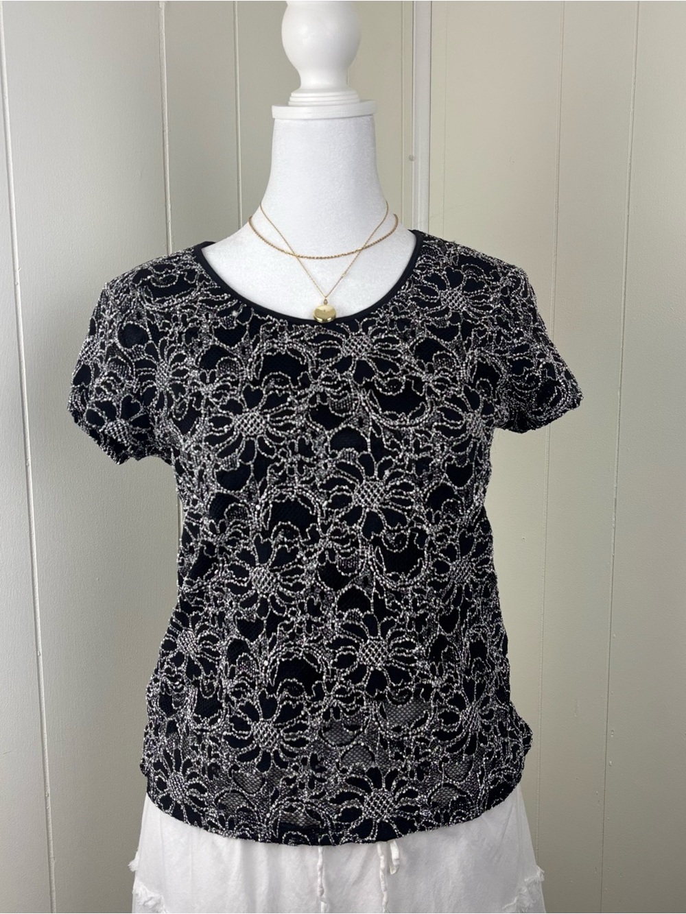 Covington Black Short Sleeve Top with Silver Floral Lace